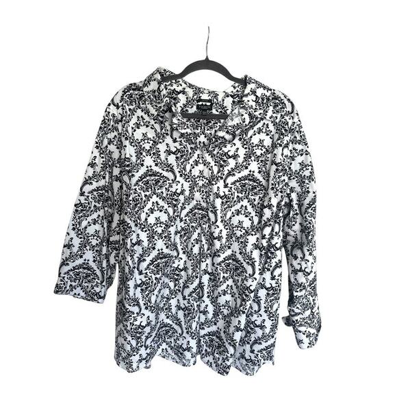 Talbots Top Blouse Women Plus Petite 22WP Button Up White Black Floral Non Iron - Picture 1 of 9